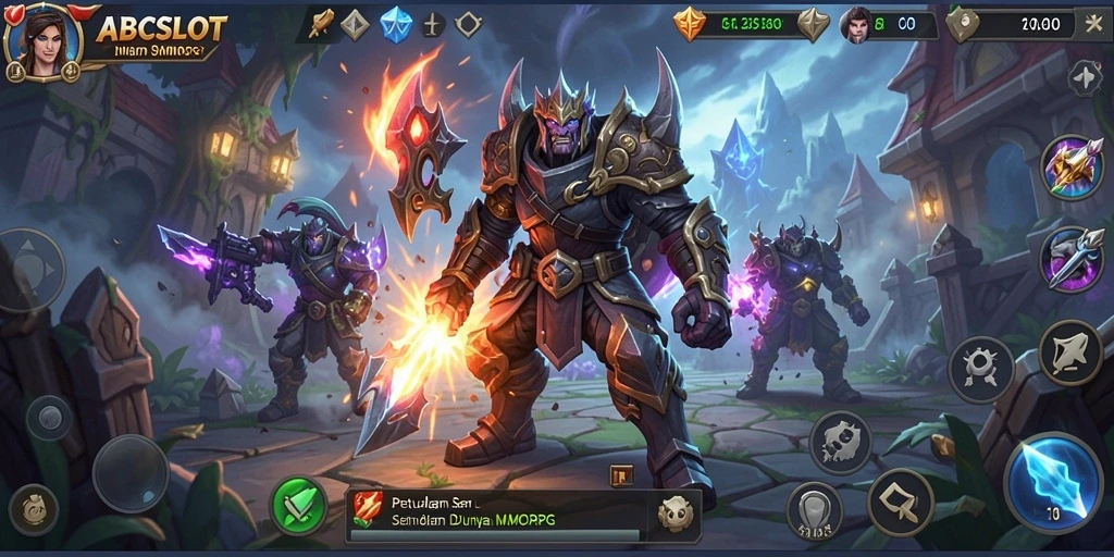 Tampilan gameplay <strong>ABCSLOT</strong> menunjukkan pertarungan epik di dunia fantasy.
