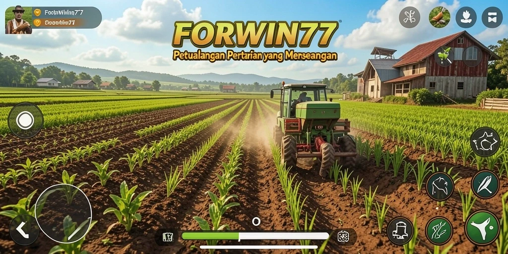Tangkapan layar gameplay FORWIN77 menampilkan aktivitas bertani yang seru.