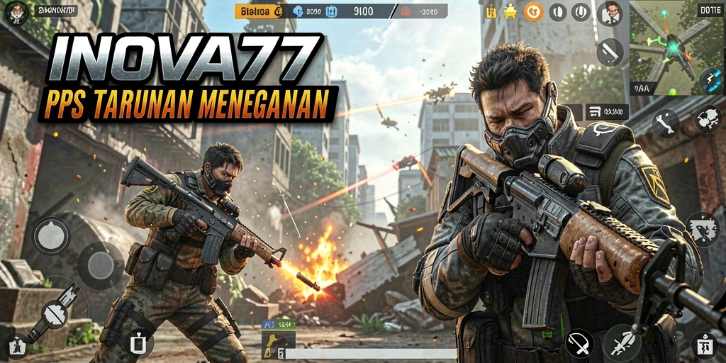 Screenshot utama INOVA77 menampilkan aksi menembak yang mendebarkan.