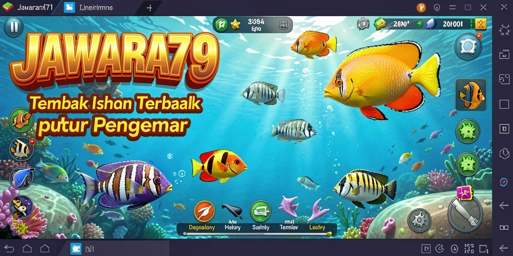 Tampilan gameplay JAWARA79 dengan berbagai ikan dan senjata.