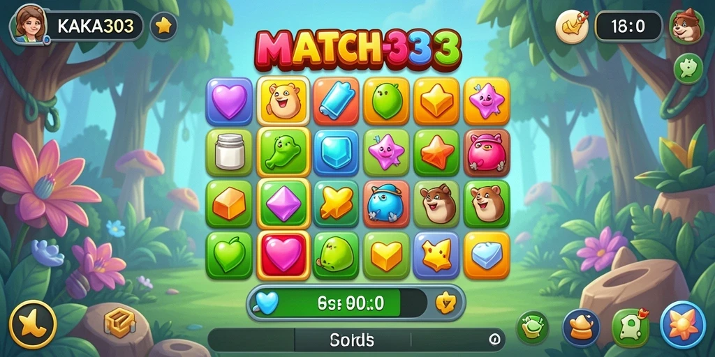 Tampilan gameplay seru KAKA303 dengan elemen Match-3 yang menarik.