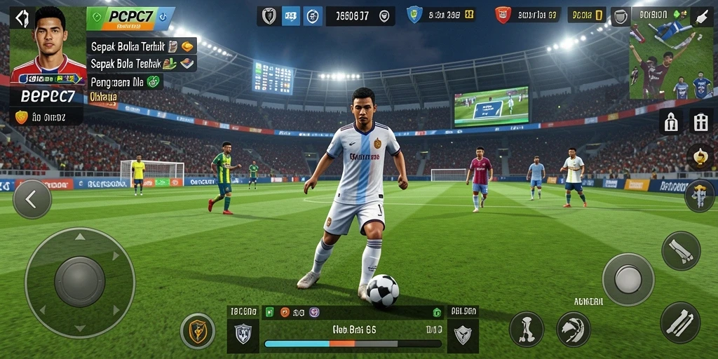 Screenshot utama PCPC7 menampilkan aksi seru di lapangan sepak bola.