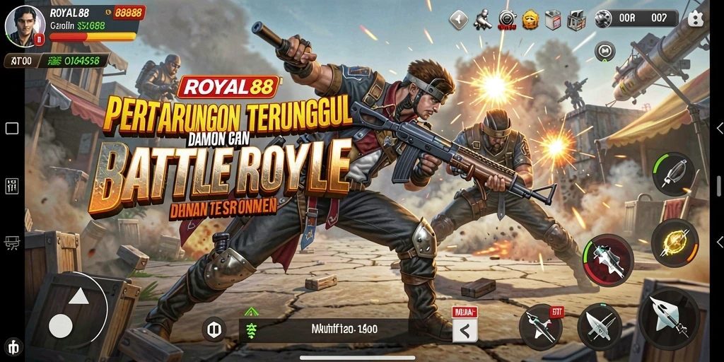 Tampilan seru pertempuran dalam ROYAL88 di medan yang luas.