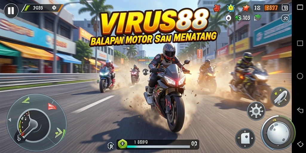 Gameplay mendebarkan motor balap di VIRUS88 dengan trek yang menantang.