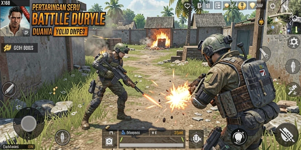 Screenshot gameplay X168 menunjukkan aksi intens dalam pertempuran Battle Royale.