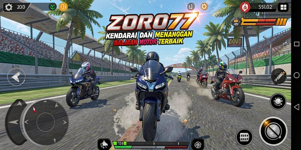 Screenshot gameplay ZORO77 menampilkan aksi balapan motor yang mendebarkan.